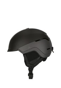 Sort skihjelm med en glat mat finish, ventilationsåbninger på toppen, justerbar hagerem og et formet design for forbedret pasform og beskyttelse.