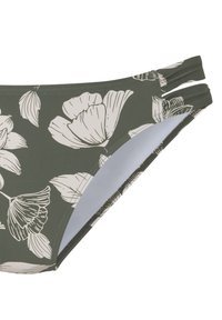 Grüner Bikini-Unterteil mit großem weißen Blumenmuster, ausgestattet mit doppelten Trägern und einer glatten Textur. Verstärkte Nähte entlang der Kanten.