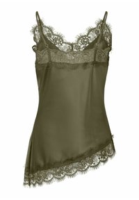 Camisole en satin vert olive avec bordure en dentelle florale au niveau de l'encolure et ourlet asymétrique, dotée de fines bretelles réglables.