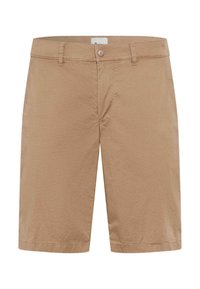 Beige shorts lavet af tekstureret stof. Har en lynlås og knaplukning samt bæltestropper. Klassisk design med to frontlommer.
