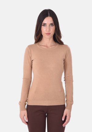 Maglione beige a maniche lunghe con scollo a girocollo. Realizzato in morbido tessuto a maglia, presenta un design aderente e polsini e orlo a costine.