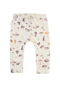 Legginsy w kolorze kremowym z całkowitym nadrukiem grzybów w brązowych i pomarańczowych odcieniach. Miękki, elastyczny materiał z gumką w pasie.