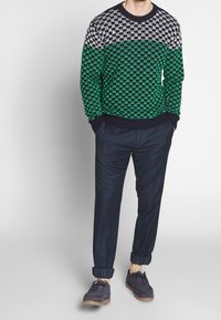 Sweter z dzianiny z zielono-czarnym wzorem w kratkę i białymi akcentami. Połączony z granatowymi spodniami w wzory, z podwiniętymi mankietami i ciemnymi butami.