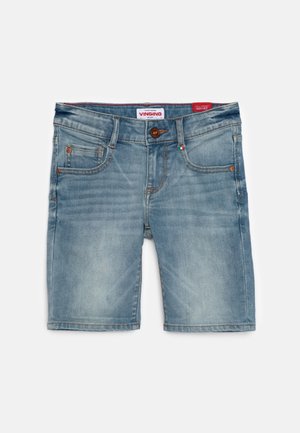 Lichtblauwe denimshorts met knopen aan de voorkant, riemlussen en voorzakken, met een licht vervaagde look.