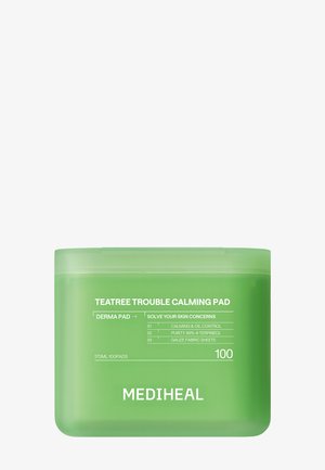 Grüner Behälter mit Mediheal TeaTree Trouble Calming Pads mit 100 beruhigenden und ölregulierenden Dermapads zur Hautpflege.