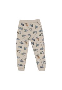 Lichtbeige katoenen broek met een herhaald patroon van kleurrijke bouwvoertuigen en machines in groene, blauwe en oranje tinten.