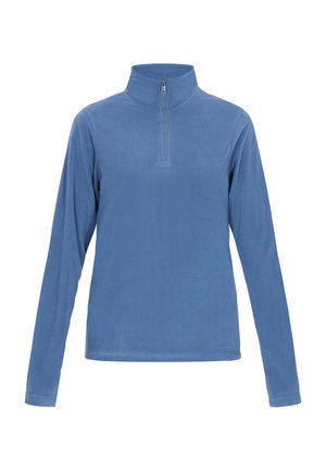 Lichtblauwe fleece pullover met een halve ritskraag, lange mouwen, zachte textuur en platte naden. Geschikt voor casual layering of buitensportactiviteiten.