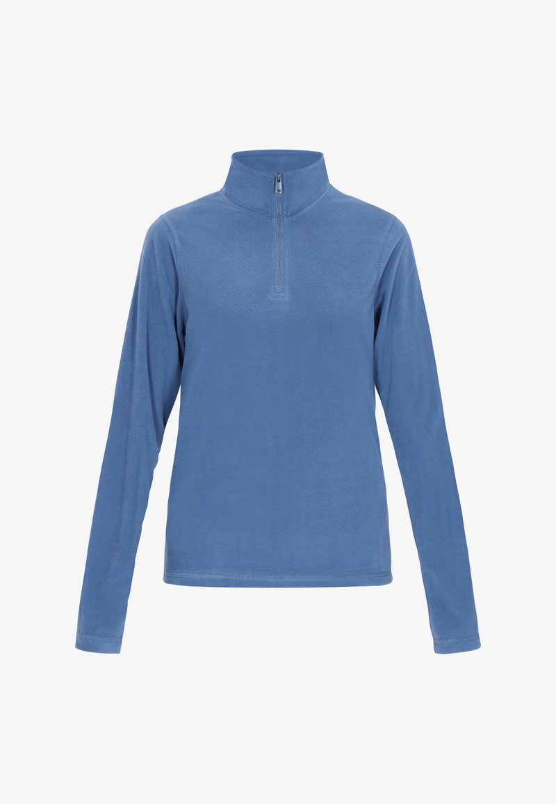 Hellblauer Fleece-Pullover mit halbem Reißverschlusskragen, langen Ärmeln, weicher Textur und flachen Nähten. Ideal zum lässigen Übereinandertragen oder für Outdoor-Aktivitäten.