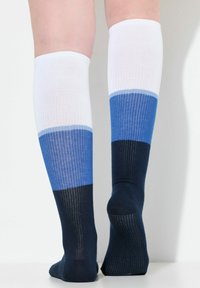 Calze fino al ginocchio con una texture a coste, caratterizzate da blocchi di colore bianco, azzurro, blu scuro e blu navy, che mostrano un design multitonale.