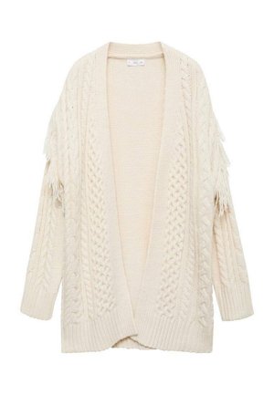 Cream cable-knit cardigan featuring a loose fit, open front, long sleeves, and textured fringes along the shoulders.