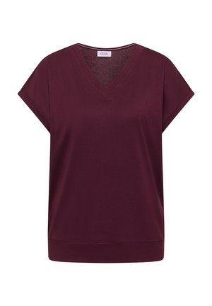 Haut pour femmes à manches courtes, col en V, de couleur bordeaux foncé, avec manches retroussées et taille cintrée.