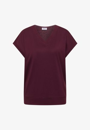 Top de manga corta para mujer en color burdeos oscuro, con cuello en V, mangas con puños y cintura ajustada.