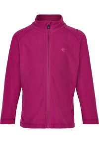 Fleece jaka spilgti rozā krāsā, pilna rāvējslēdzēja priekšpuse, augsta apkakle, garas piedurknes, ar gludu tekstūru un mazu logotipa akcentu uz krūtīm.