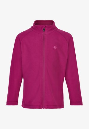 Fleece jack in felroze, met volledige rits aan de voorkant, hoge kraag, lange mouwen, met een soepele textuur en een klein logo accent op de borst.