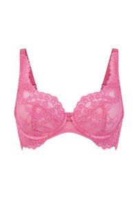 Kanten bh in levendig roze. Kenmerkt zachte kantencups, verstelbare bandjes en een kleine decoratieve strik in het midden. Overal een gladde afwerking.