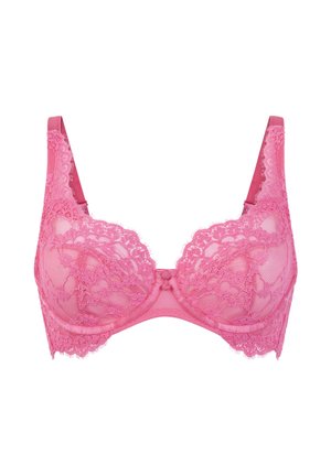 Kanten bh in levendig roze. Kenmerkt zachte kantencups, verstelbare bandjes en een kleine decoratieve strik in het midden. Overal een gladde afwerking.