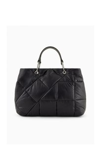 Borsa a tracolla nera in stile piumino con design trapuntato, texture liscia, hardware in tonalità argento e manici corti.