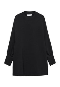 Tunica nera a maniche lunghe con scollo rotondo, caratterizzata da un tessuto strutturato, vestibilità comoda e maniche larghe che si restringono ai polsi.