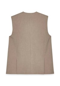 Beige ärmellose Weste aus strukturiertem Stoff, mit einer taillierten Passform, einem sauberen Rückennaht und ohne sichtbare Verschlüsse oder Verzierungen.