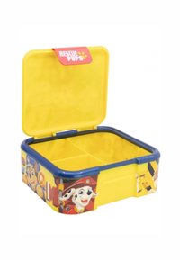 Lunch box di plastica gialla con accenti blu, interno suddiviso, caratterizzato da personaggi dei cartoni animati sui lati e un coperchio a cerniera con grafica.