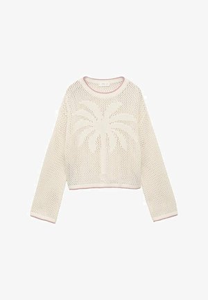 Häkelter Cremepullover mit Palmenmuster, rundem Ausschnitt und pinkfarbener Borte. Verfügt über lange Ärmel und eine verkürzte Silhouette.