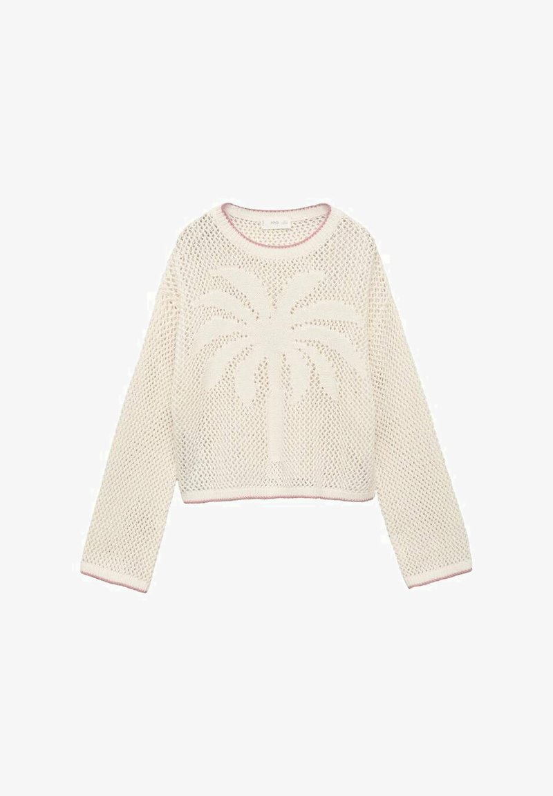 Häkelter Cremepullover mit Palmenmuster, rundem Ausschnitt und pinkfarbener Borte. Verfügt über lange Ärmel und eine verkürzte Silhouette.