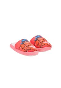 Chaussons roses avec une tige en tissu lisse présentant un personnage de dessin animé et des pois noirs, complétés par une semelle douce blanche.