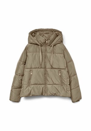 Tahoe puffer bunda s kapucí, předním zipem a dvěma postranními kapsami. Nabízí prošívanou texturu a elastické manžety pro zvýšení tepla.