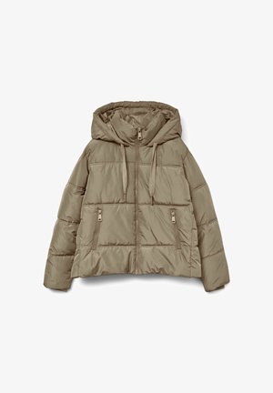 Puffer jacket in taupe with a hood, front zipper closure, and two side pockets. Features quilted texture and elastic cuffs for warmth.