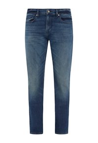 Ciemnoniebieskie dżinsy z wybledzeniem, prostym krojem nogawki, pięcioma kieszeniami oraz metalowym zapięciem na przodzie.