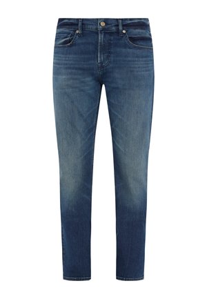 Dunkelblaue Jeans aus Denim mit einem verblassten Finish, geradem Bein, Fünf-Taschen-Design und einem Metallknopfverschluss am Vorderreißverschluss.