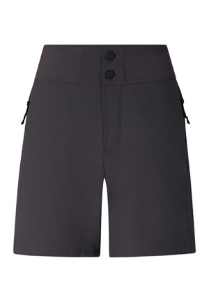 Black high-waist shorts with two black buttons, zip fly, and zippered side pockets, designed for outdoor or casual wear.
