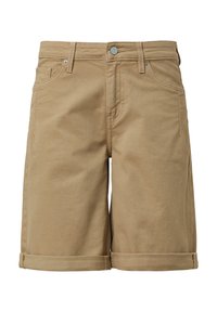 Shorts kaki en coton mélangé, avec une coupe classique, des revers roulés et des poches avant et arrière. Bouton en métal et rivets inclus.