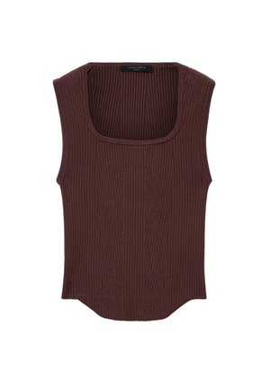 Ærmeløs ribstrikket top i brun med firkantet halsudskæring og subtilt chevronmønster, mærketang viser "AllSaints Small."
