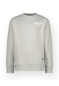 Sweatshirt gris clair en tissu doux, avec un col rond, des manches longues et un petit logo blanc sur la poitrine.