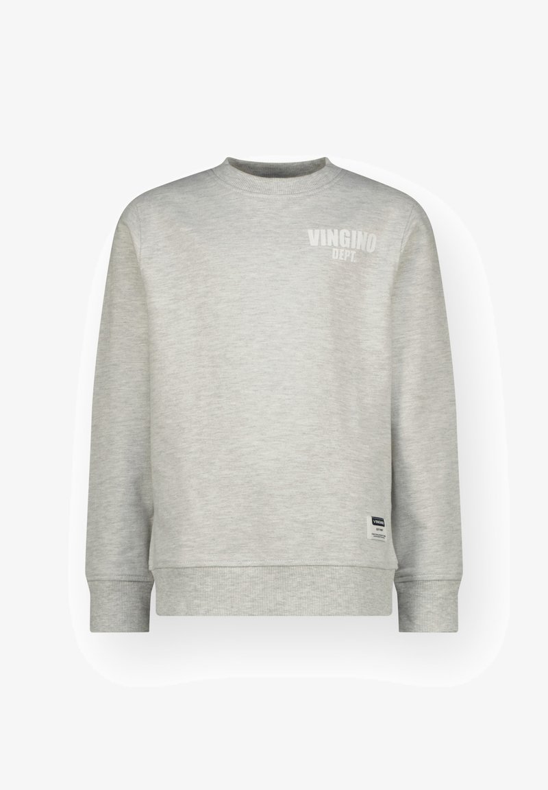 Light gray sweatshirt made of soft fabric, featuring a crew neck, long sleeves, and a small white logo on the chest.