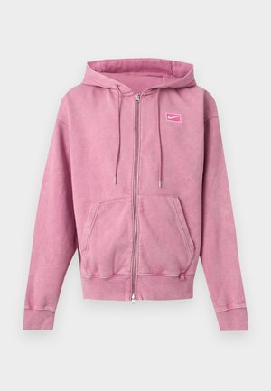 Roosa lukuga kapuutsiga dressipluus esitaskute, reguleeritava nööriga kapuutsi ja väikese Nike logo plaastriga rinnal.