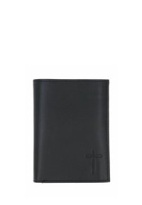 Black leather wallet with embossed cross detail, rectangular shape, smooth texture, and precise stitching along the edges.