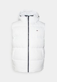 Vitt pufferväst med huva, försedd med en marinblå dragkedja och logopatch, quiltad struktur och sidofickor.