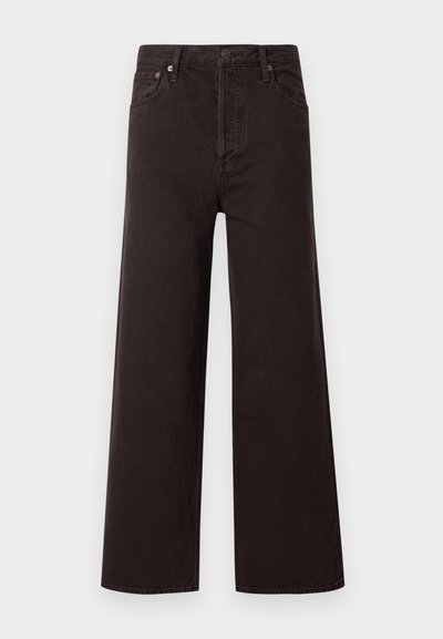 Fekete, széles szárú farmernadrág magas derékkal, denim anyagból készült. Öt zsebbel és fém gombokkal rendelkezik, sima textúrájú és klasszikus kialakítású.