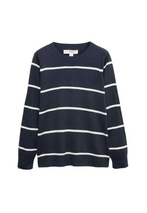 Maglione blu navy con strisce orizzontali bianche, scollo rotondo, maniche lunghe, polsini e orlo a coste, realizzato in morbido tessuto lavorato a maglia.