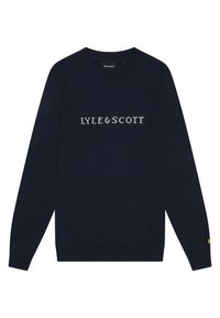 Maglione a maniche lunghe color blu navy con collo rotondo, con il testo "LYLE & SCOTT" sulla parte anteriore e un piccolo logo giallo sul polsino sinistro.
