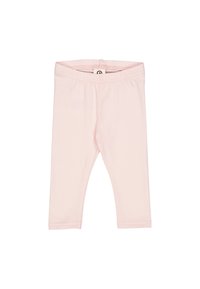 Leggings rosa chiaro realizzati in tessuto morbido, con una vita elastica e una superficie liscia, senza motivi o dettagli.