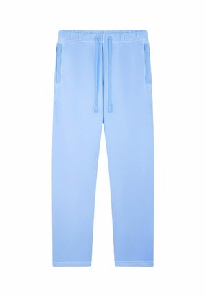 Pantalon de survêtement bleu clair avec ceinture élastique, cordon de serrage, poches latérales avec détails côtelés, et jambes droites.