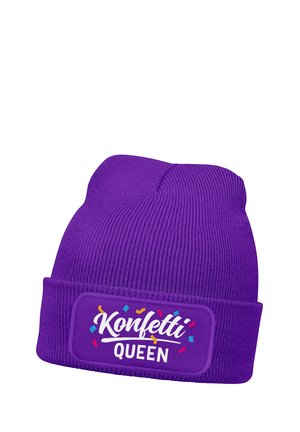 Purple knitted beanie with a folded cuff featuring a patch that reads "Konfetti Queen" surrounded by colorful confetti graphics.