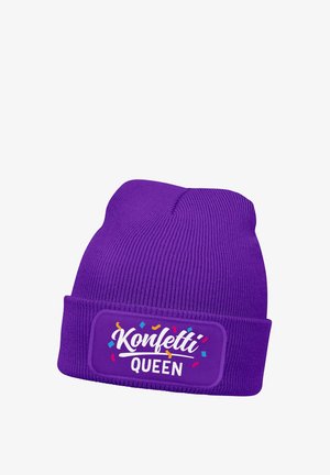 Purple knitted beanie with a folded cuff featuring a patch that reads "Konfetti Queen" surrounded by colorful confetti graphics.