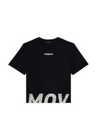 T-shirt di cotone nero con maniche corte, collo rotondo e logo bianco "FREDDY" sopra una grande stampa "MOV" nella parte inferiore.