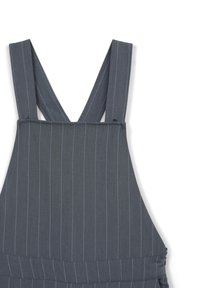 Grau gestreifte Latzhose mit V-Ausschnitt und breiten Trägern. Der Stoff hat eine glatte Textur. Verfügt über einen seitlichen Reißverschluss und ein gerafftes Taillendetail.
