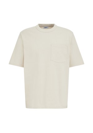 Light beige short-sleeved t-shirt made of cotton, featuring a round neckline and a single chest pocket with a straight hemline.