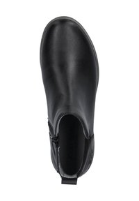 Musta nahkasaapas nilkkamittaisena, jossa on sileä pinta, sivuvetoketju ja pyöreä kärki. Sisällä on pehmustettu pohjallinen mukavuutta varten.